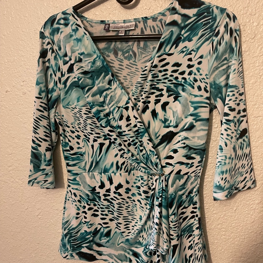 Jennifer Lopez Blue and Black Blouse Chic Top